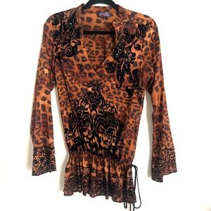 Hale Bob Sz S Velvet Burn Out Beaded Silk Leopard Print Top Mob Wife Western